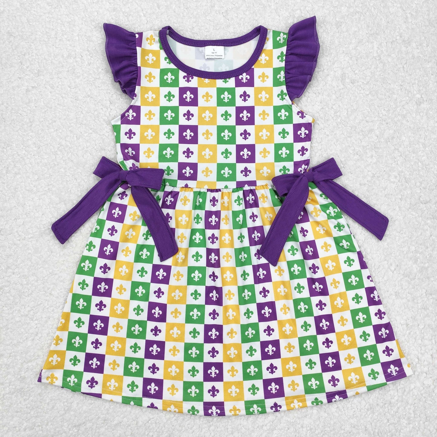 GSD1655 Mardi Gras Purple Yellow Green Printing Bows Flutter Sleeve Girls Dress