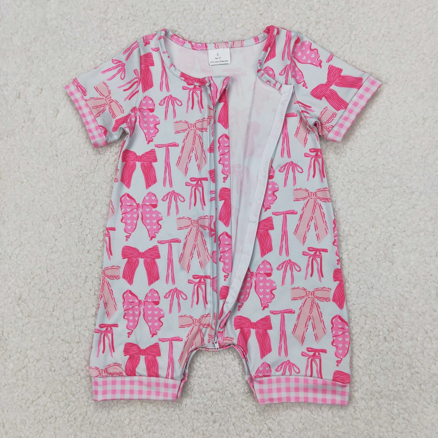 SR2771 pink bows coquette bows zipper short sleeve girls romper