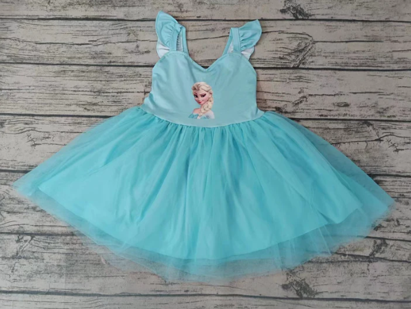 Custom Ice princess blue flutter sleeve girls dress