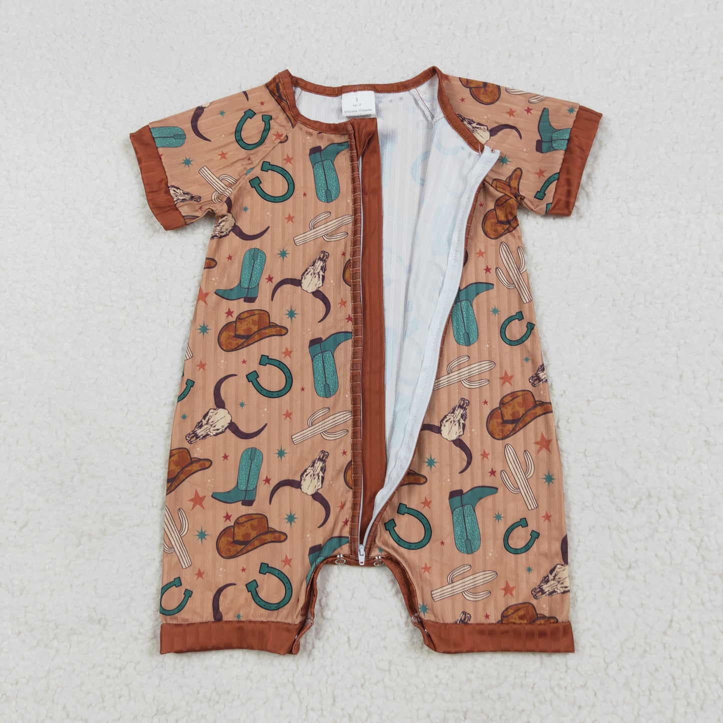 SR3155 ribbed Western cow hat boot brown zipper short sleeve boys romper