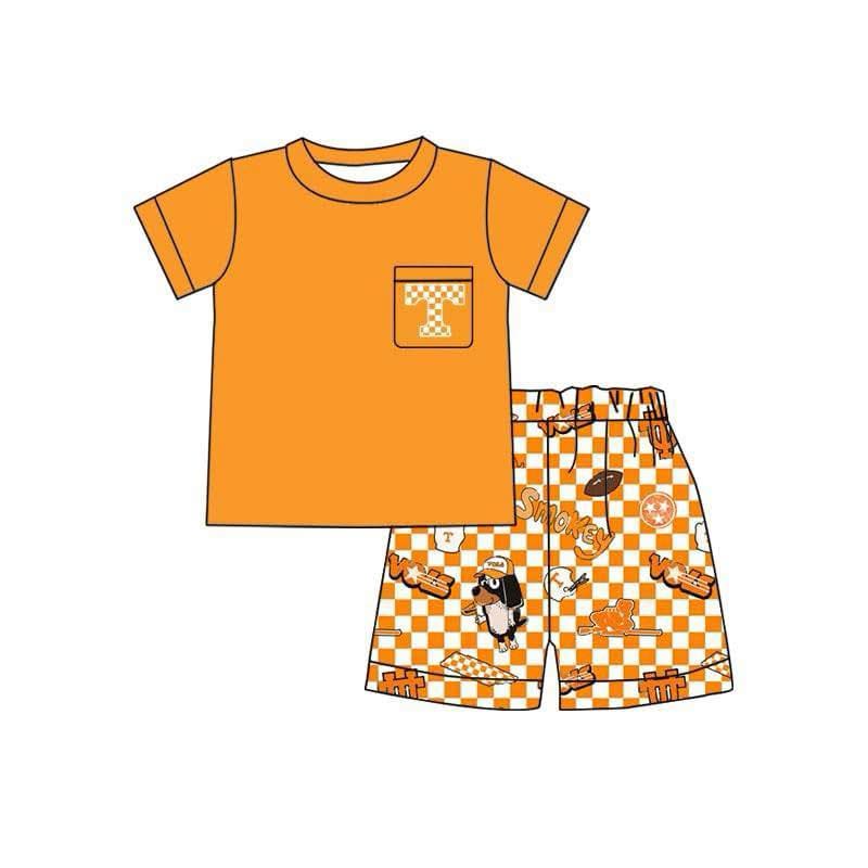 custom moq 3 football team vols orange pocket short sleeve checkered shorts boys set
