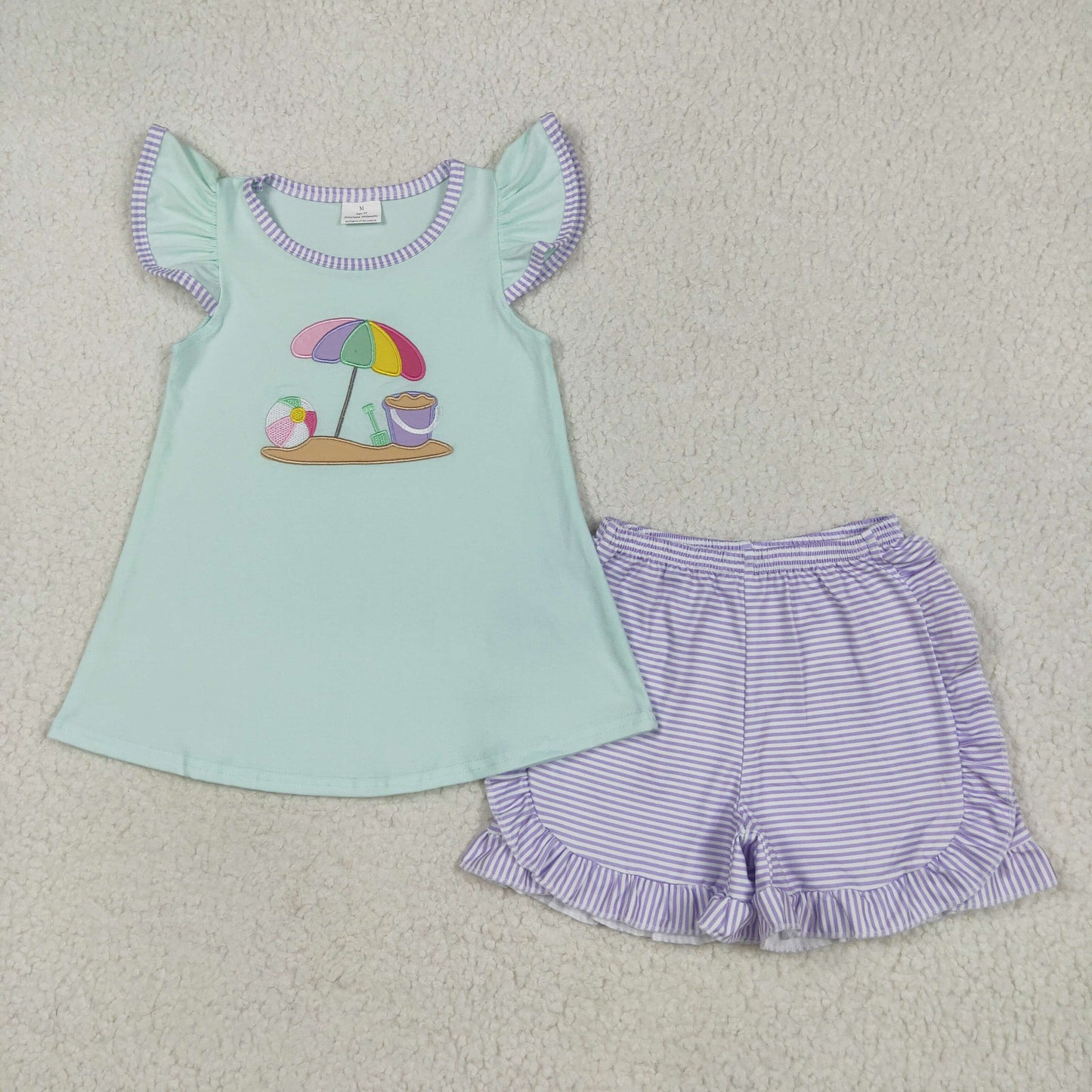 GSSO2553 embroidery beach white flutter sleeve purple striped shorts girls set