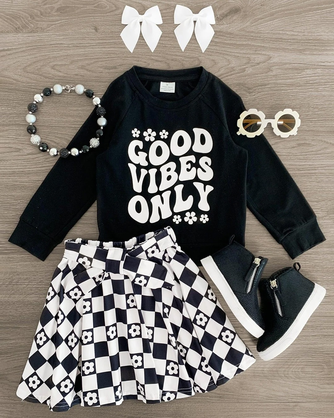 preorder GLD0960 flowers vibes only black long sleeve black checkered flowers skirts girls set