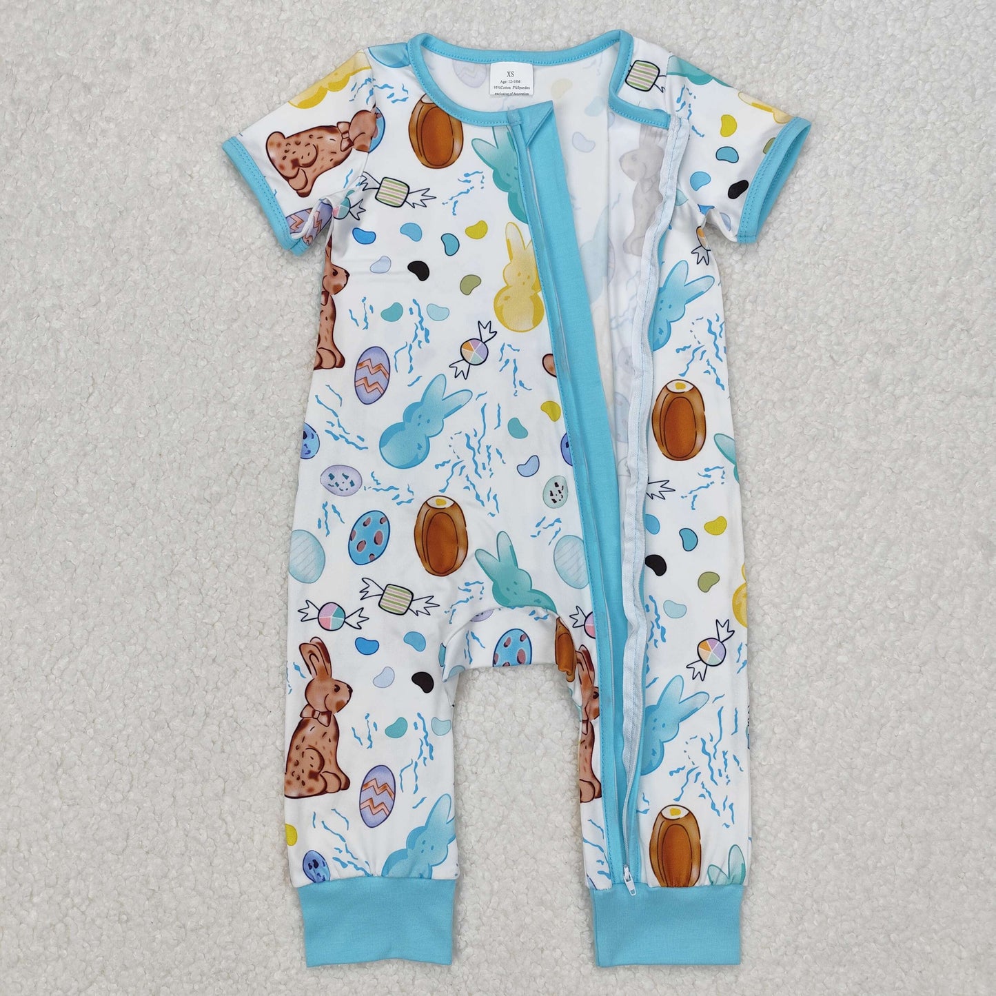 SR2713 Easter blue rabbit bunny short sleeve zipper boys romper