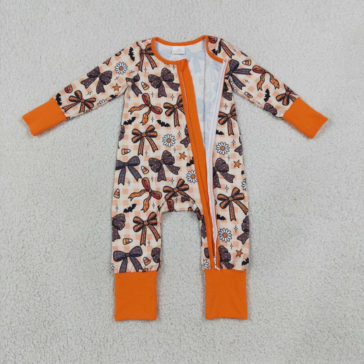 LR3161 Halloween Bows Orange Zipper Long Sleeve Girls Romper