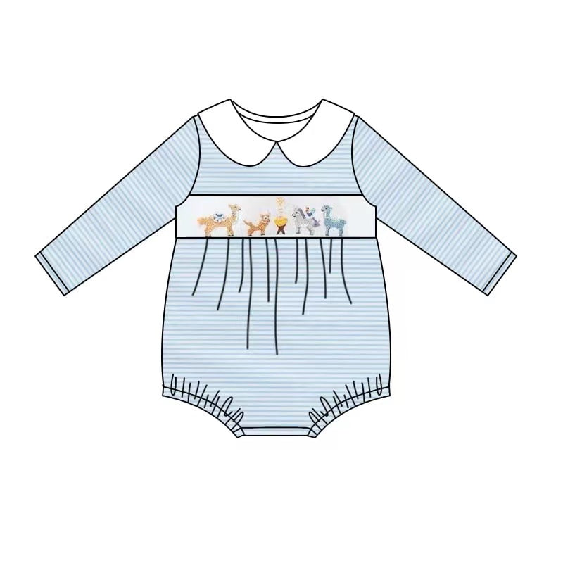 custom deer giraffe animals blue striped long sleeve boys romper