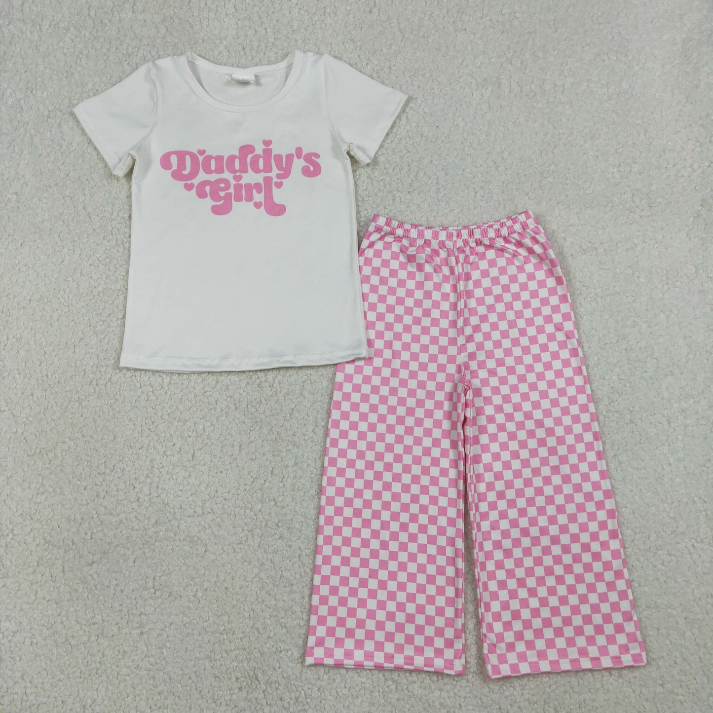 GSPO2257 Daddy's Girl Short Sleeve Hot Pink Checkered Pants Girls Set