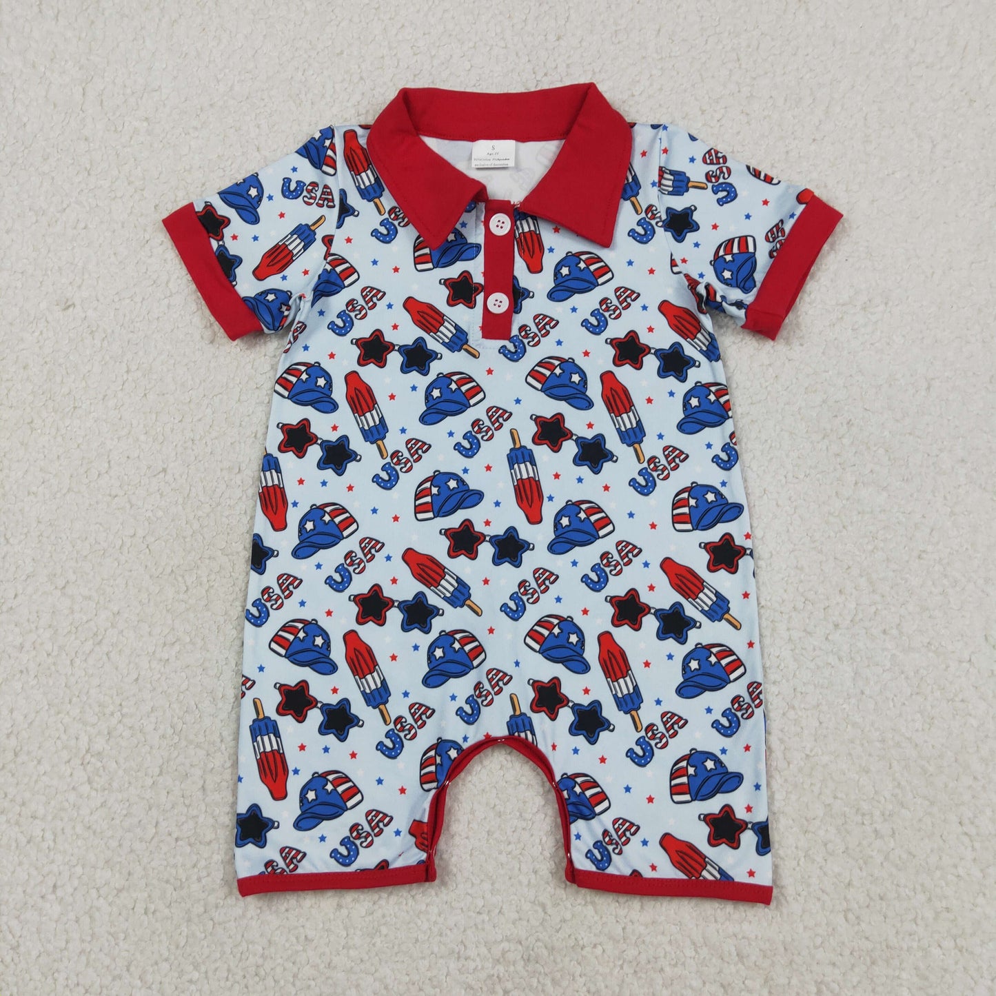 SR3874 July 4th Star USA Zipper Short Sleeve Boys Romper