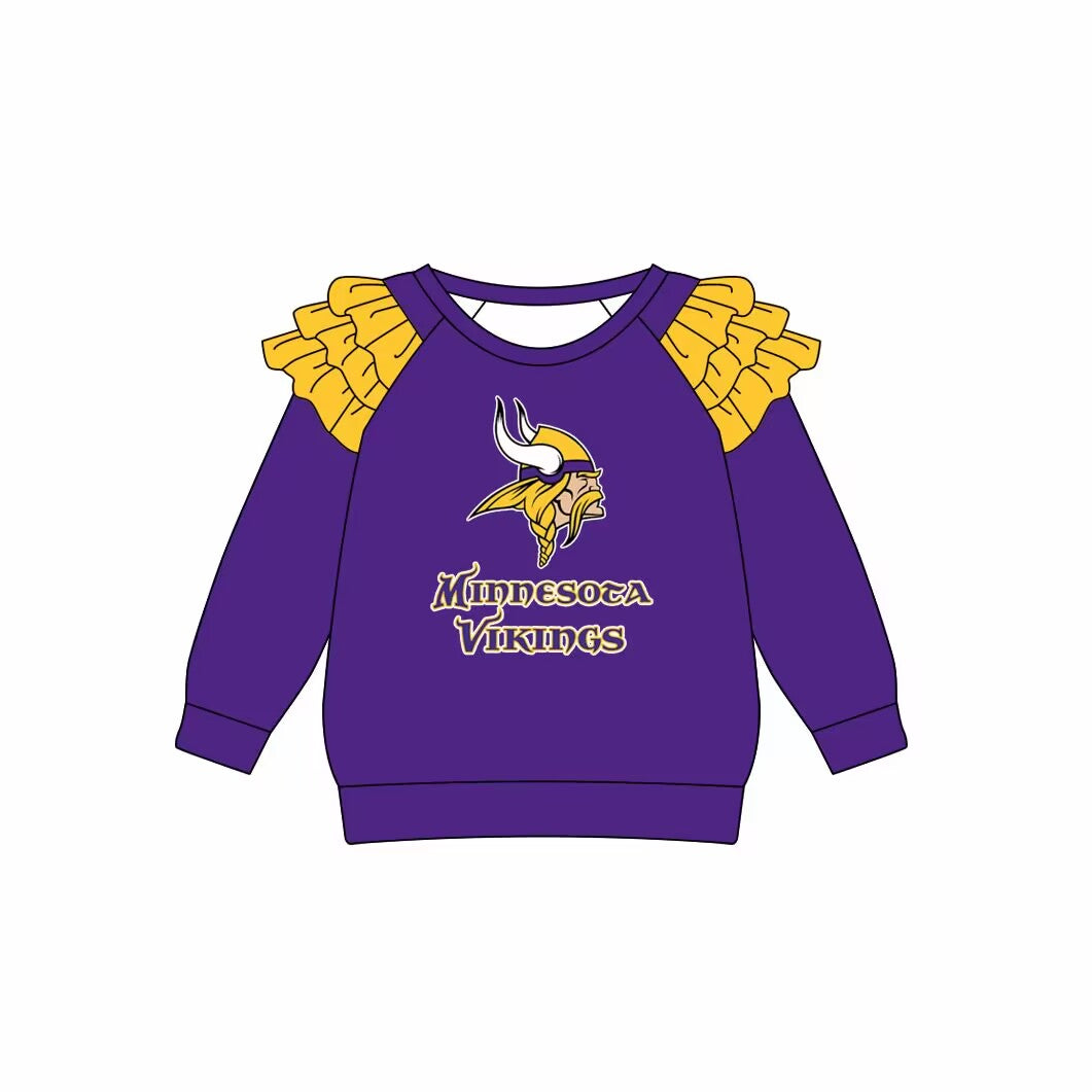 custom moq 3 football team Vikings purple long sleeve girls ruffles top