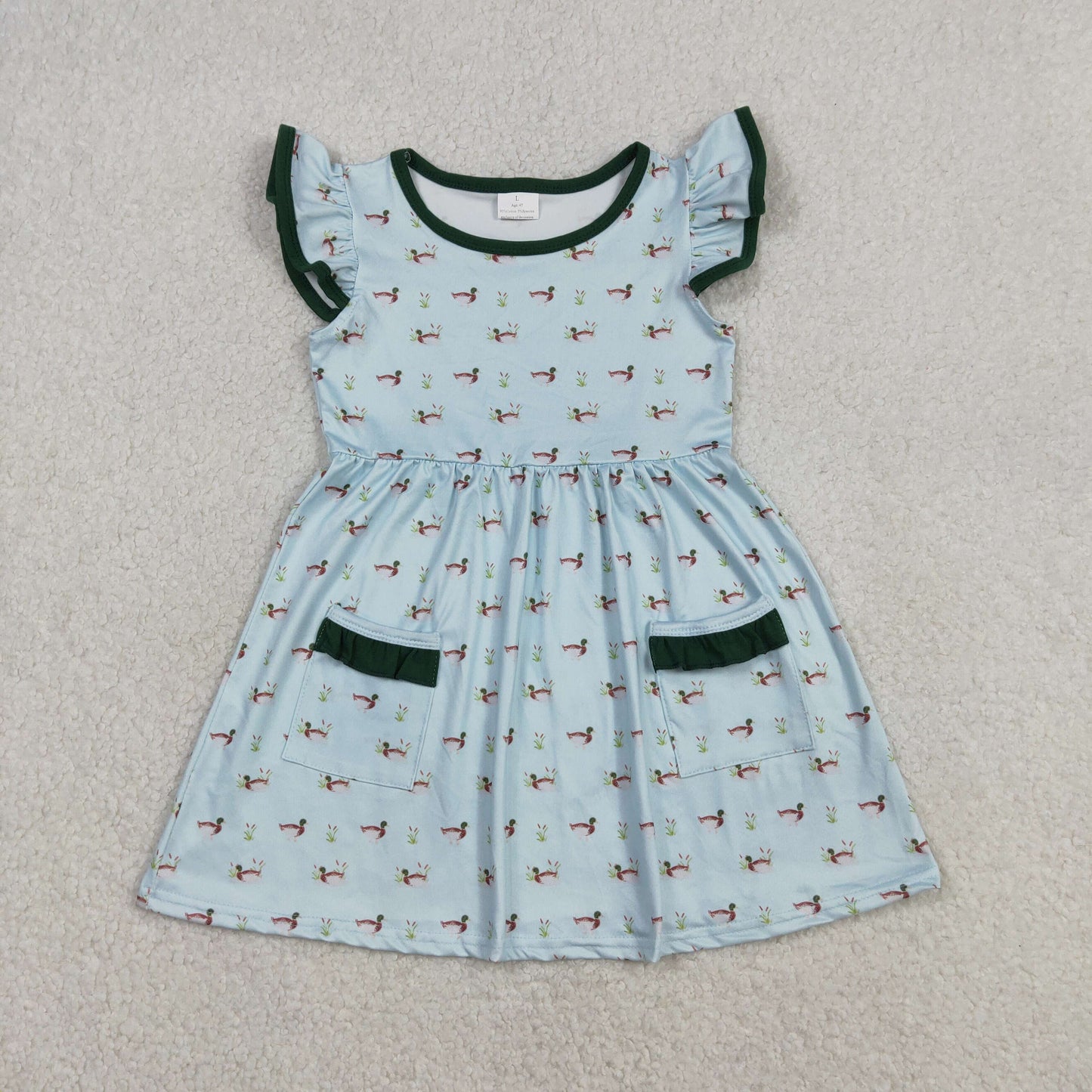 GSD3679 Hunting Mallard Duck Green Flutter Sleeve Girls Dress