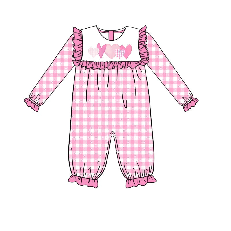 custom moq 3 Pink heart checkered long sleeve girls romper