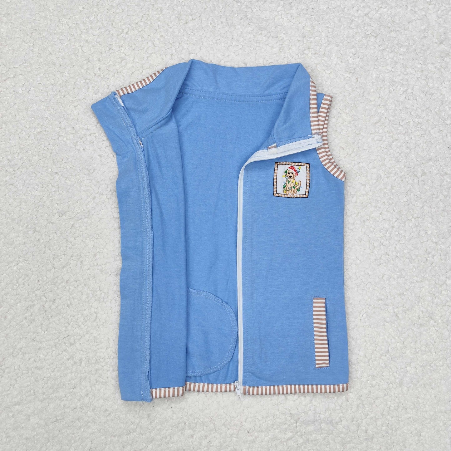 embroidery BT0860 Christmas dog light hat blue sleeveless zipper boys coat