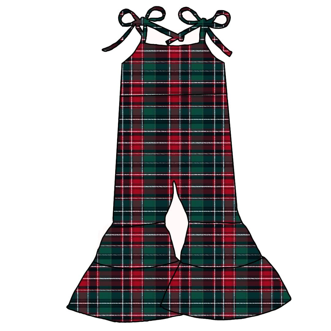 custom style Christmas green red checkerde girls jumpsuits