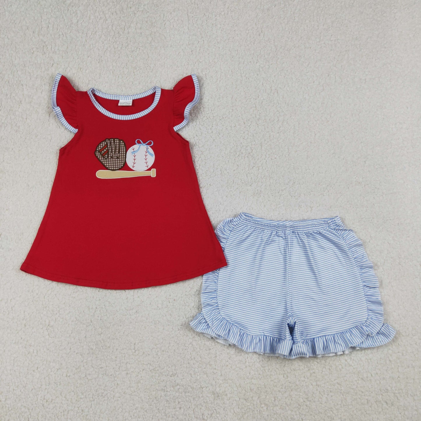 Embroidery GSSO3246 Play Baseball Red Flutter Sleeve Blue Shorts Girls Set