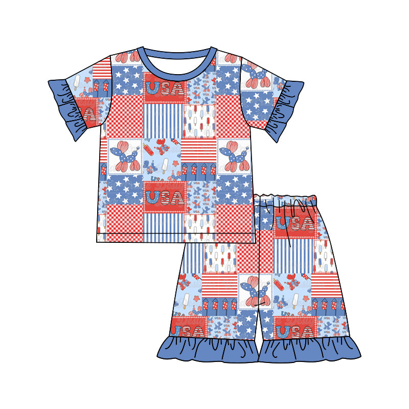 Custom Moq 3 July 4th USA Pet Star Red Blue Short Sleeve Shorts Girls Pajamas