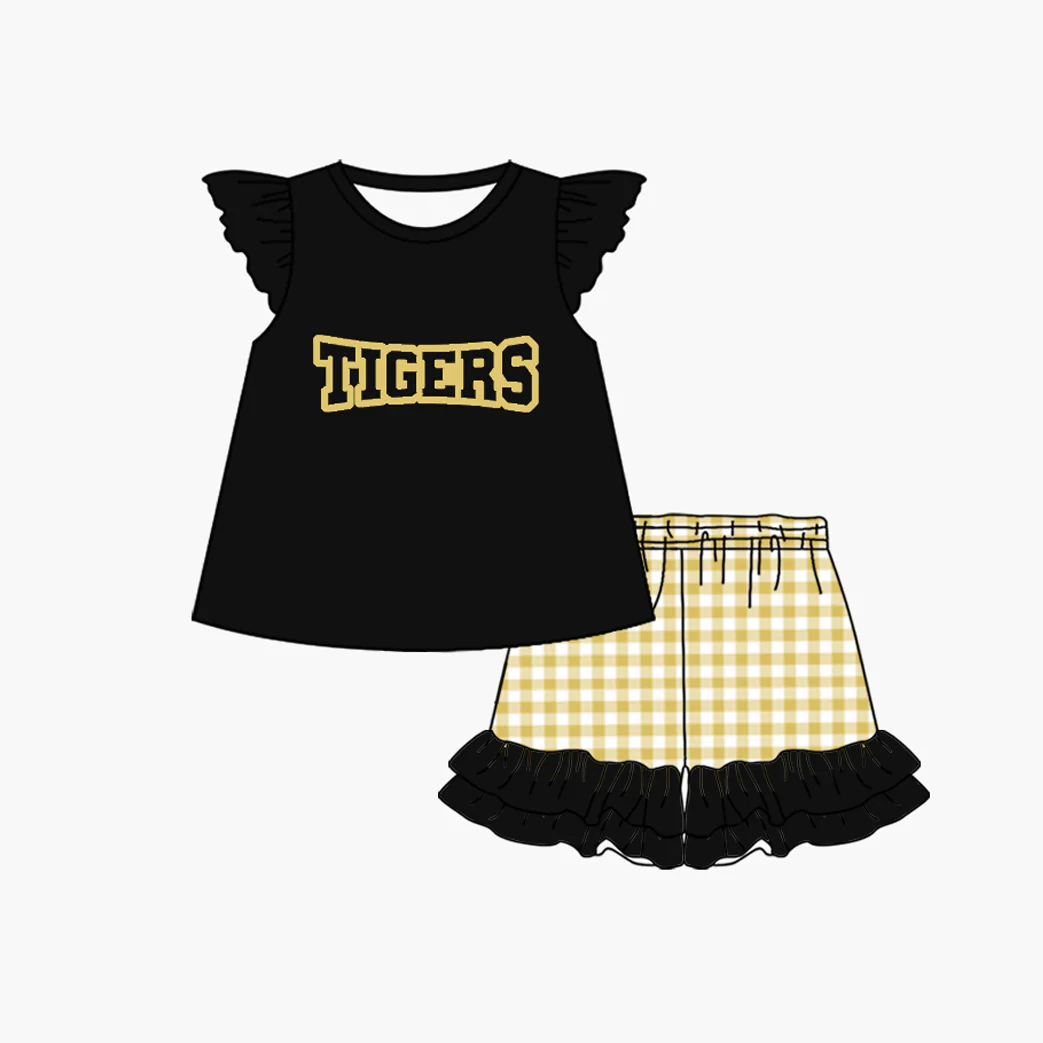 custom moq 3 tigers black flutter sleeve golden checkered shorts girls set