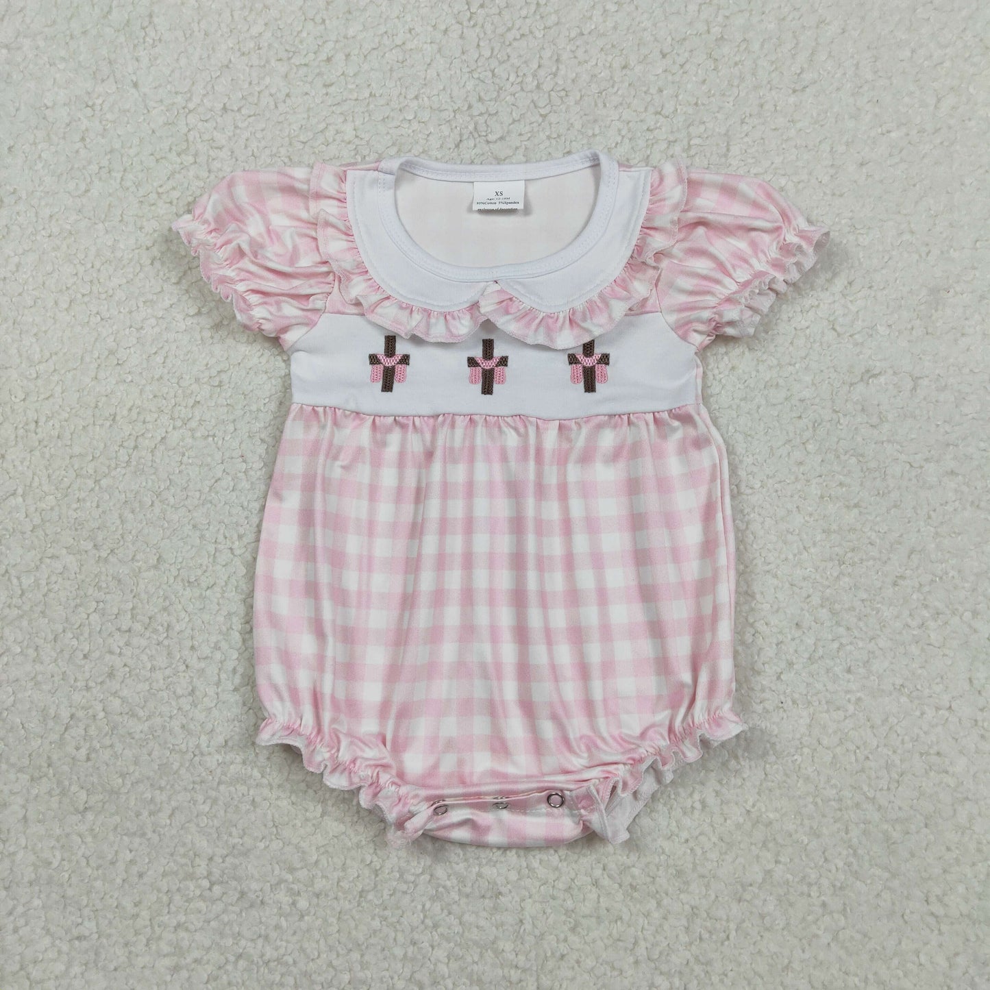 Embroidery SR3756 Easter Cross Pink Checkered Short Sleeve Girls Romper