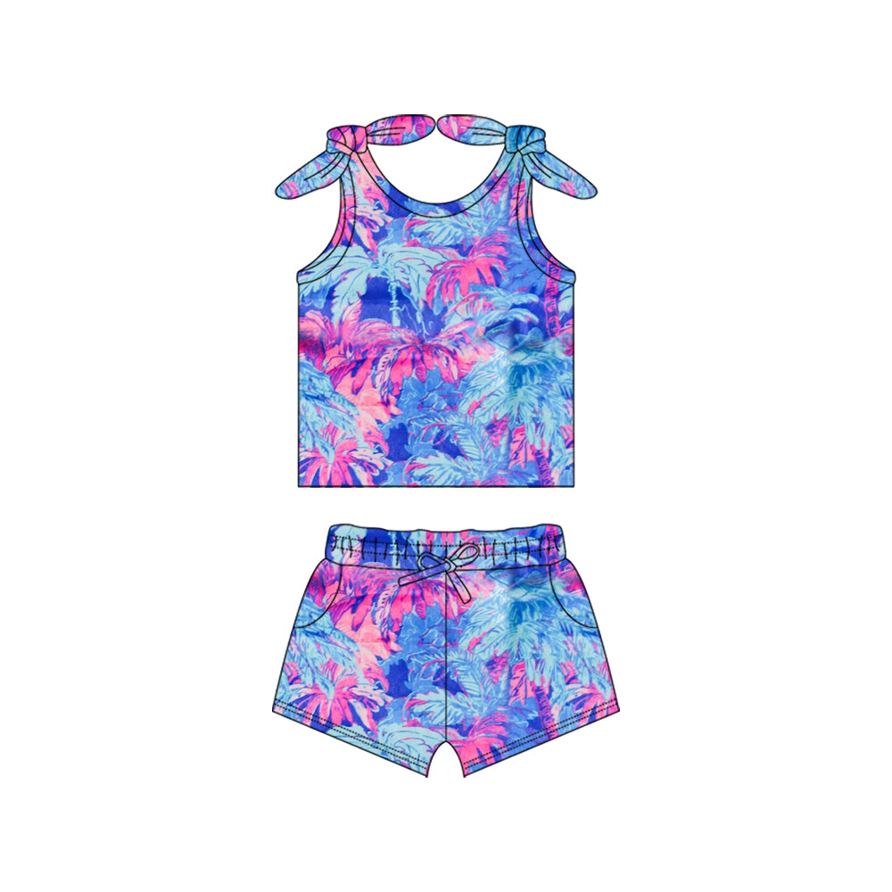custom blue hot pinik coconut leaf girls summer set