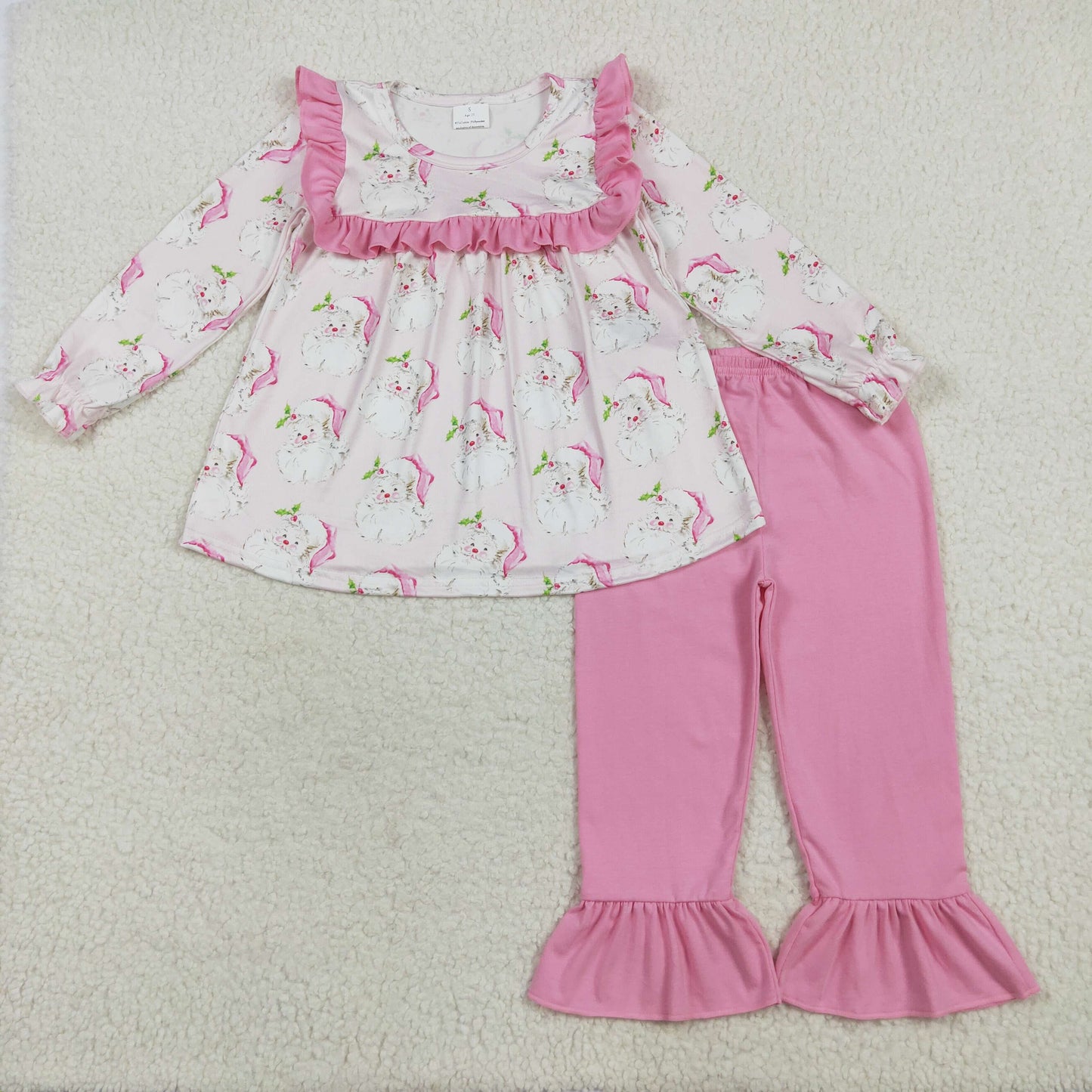 GLP2345 Christmas Santa ruffles pink long sleeve hot pink pants girls set