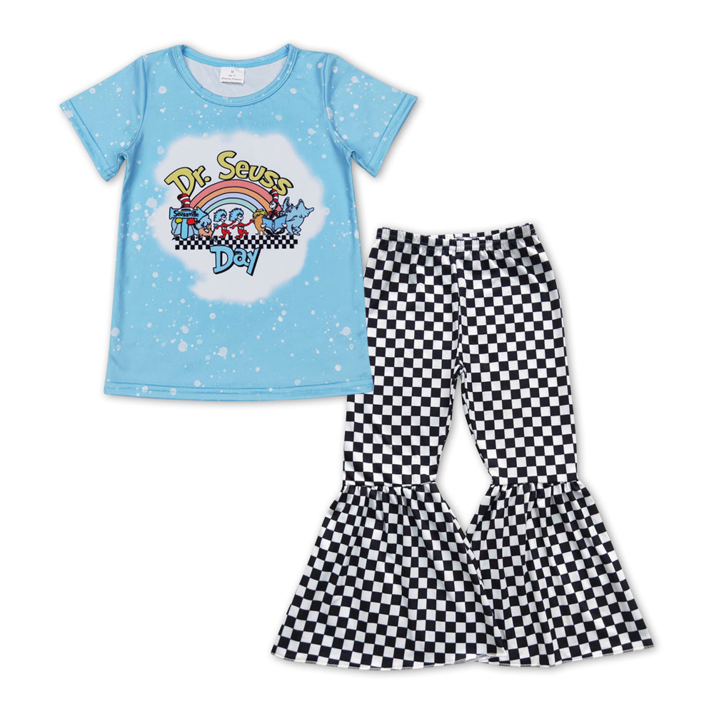 GSPO0928 Dr rainbow blue short sleeve black checkered pants girls set