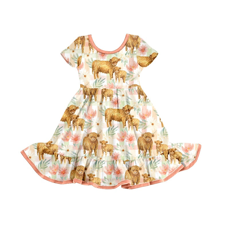 Preorder GSD0791 Western Highland Cow Flowers Pink Short Sleeve Girls Dress