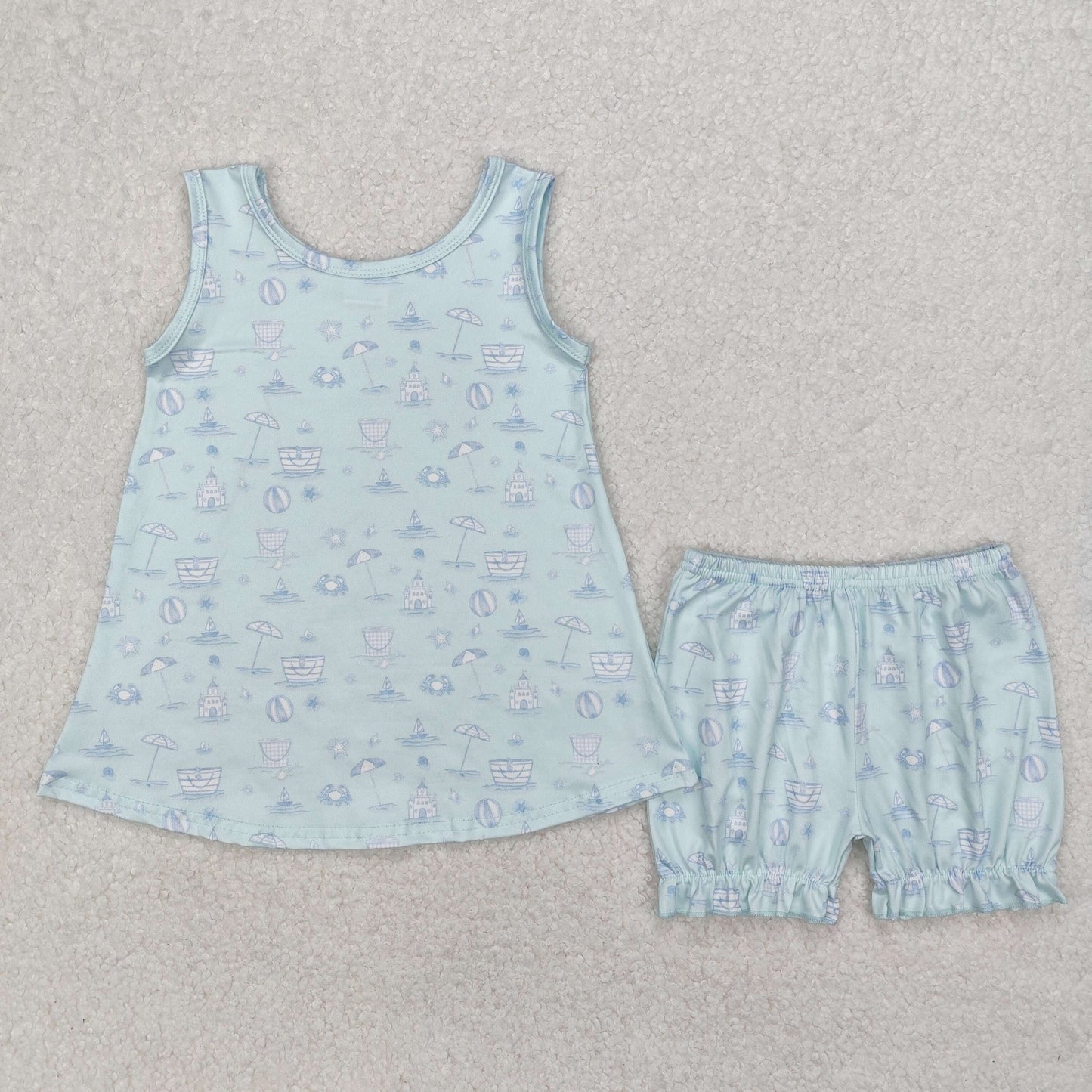 GSSO2224 crab castle holiday blue sleeveless shorts girls set