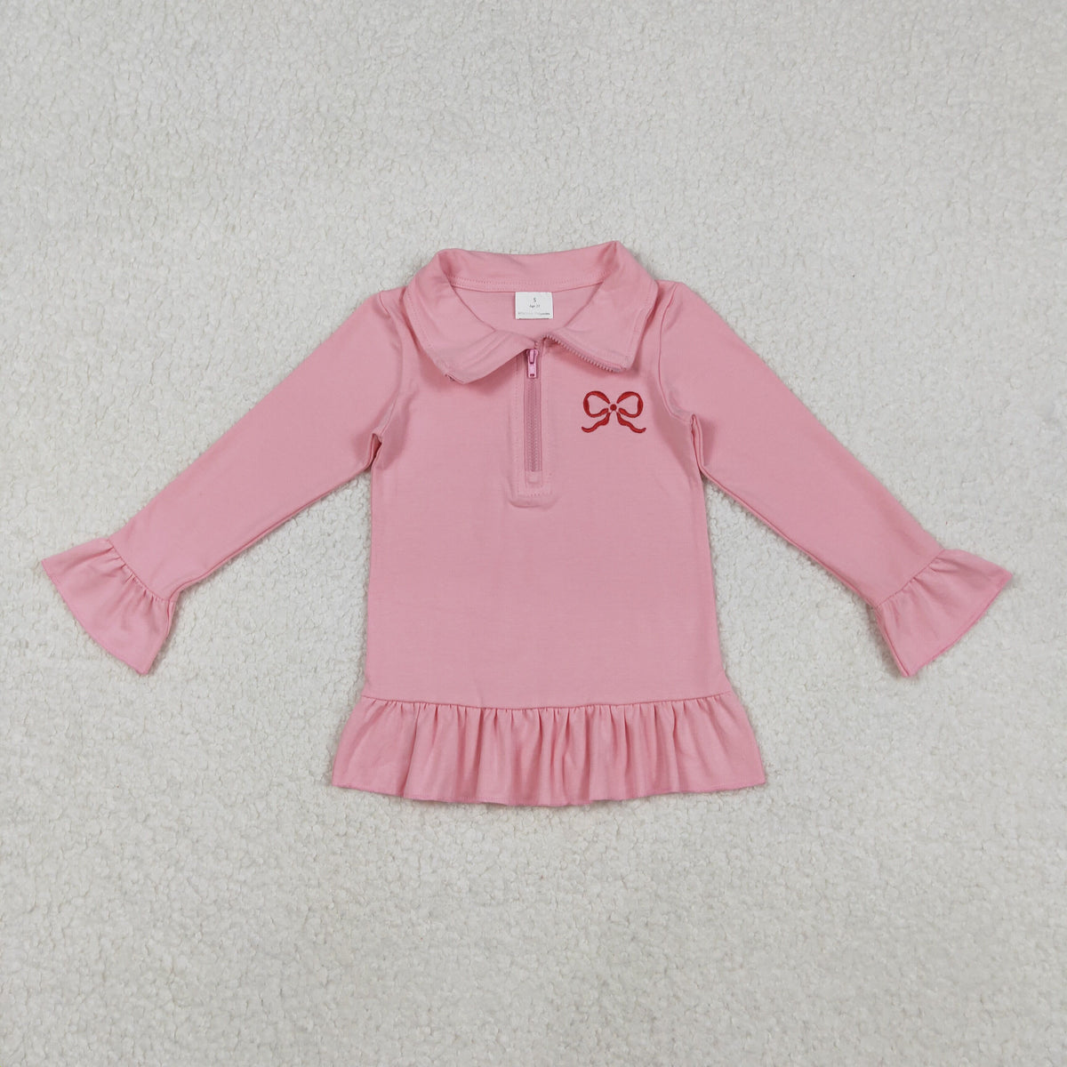 GT1270 Embroidery Bows Pink Zipper Long Sleeve Girls Top