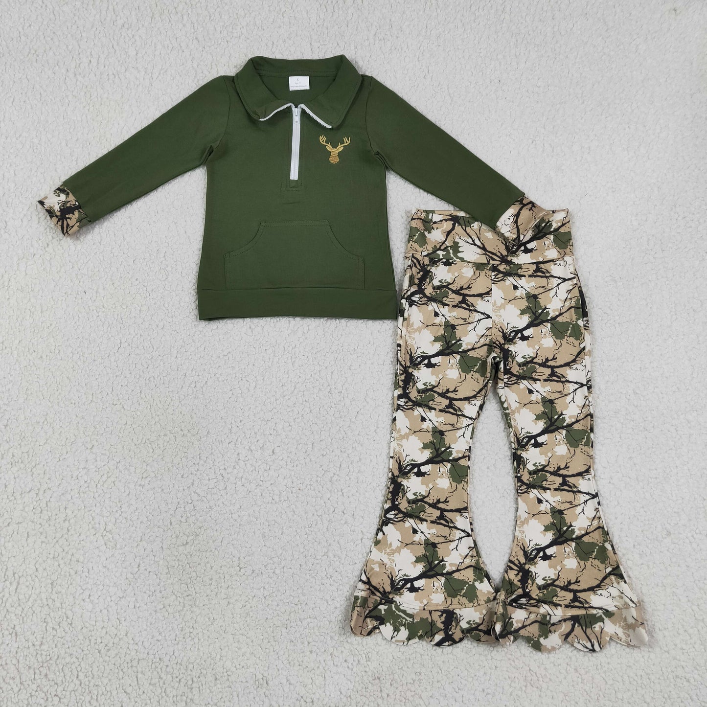 GLP3369 Deer Green Pocket Zipper Long Sleeve Scallop Pants Girls Set