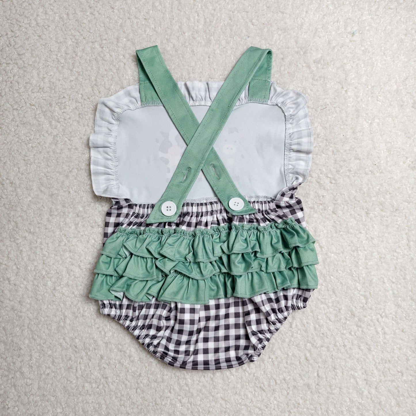 SR3866 Farm Horse Pig Cow Green Checkered Girls Romper