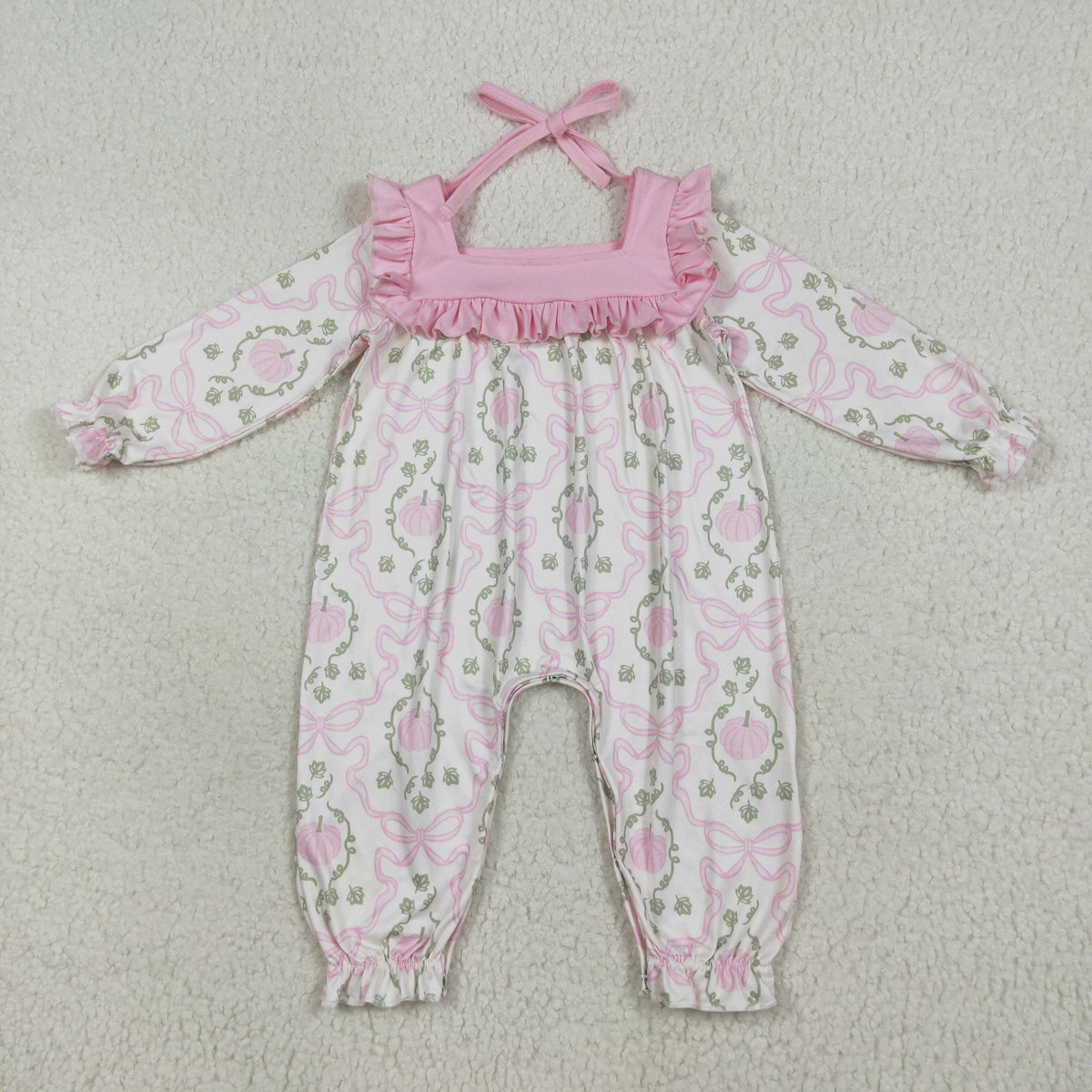 LR2255 pink pumpkin bows long sleeve girls romper