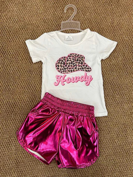 Western howdy hat short sleeve hot pink leather shorts girls set
