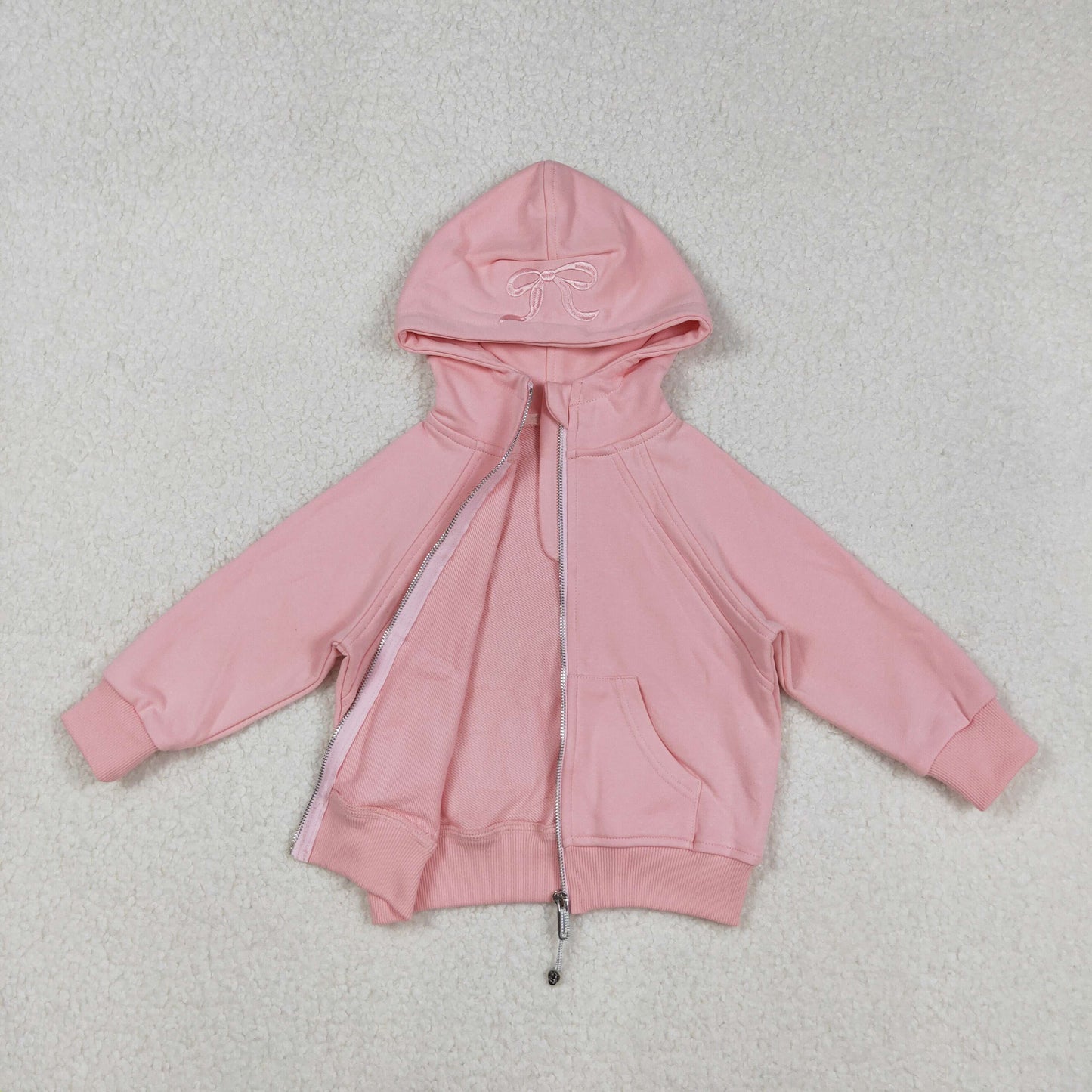 USA SHOP GT1201 embroidery bow pink long sleeve zipper pocket hoodie girls coat