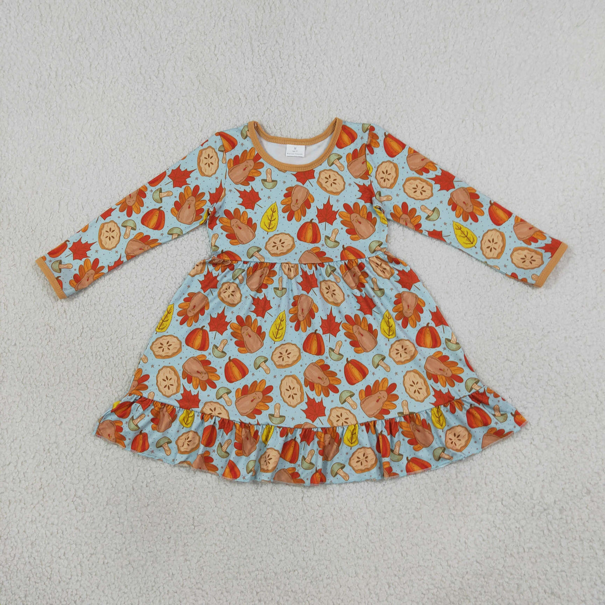 GLD1692 Thanksgiving Turkey Pumpkin Long Sleeve Girls Dress