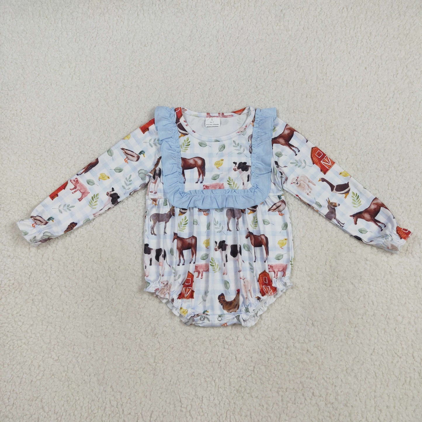 LR2362 farm animals house horse blue checkered ruffles long sleeve girls romper