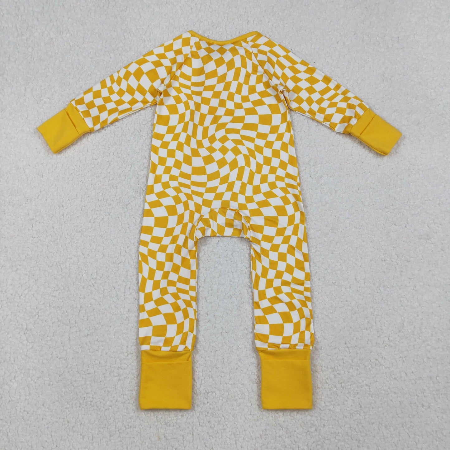 LR1089 yellow checkered long sleeve zipper girls romper