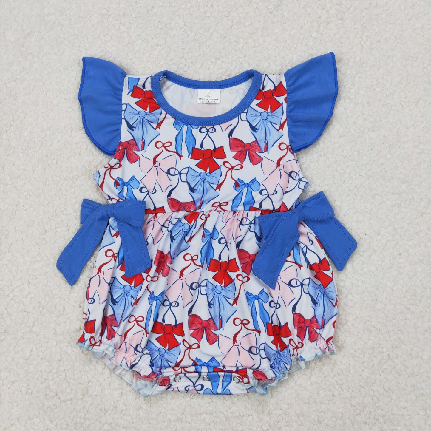 SR2954 July 4th red blue bows flutter sleeve girls romper