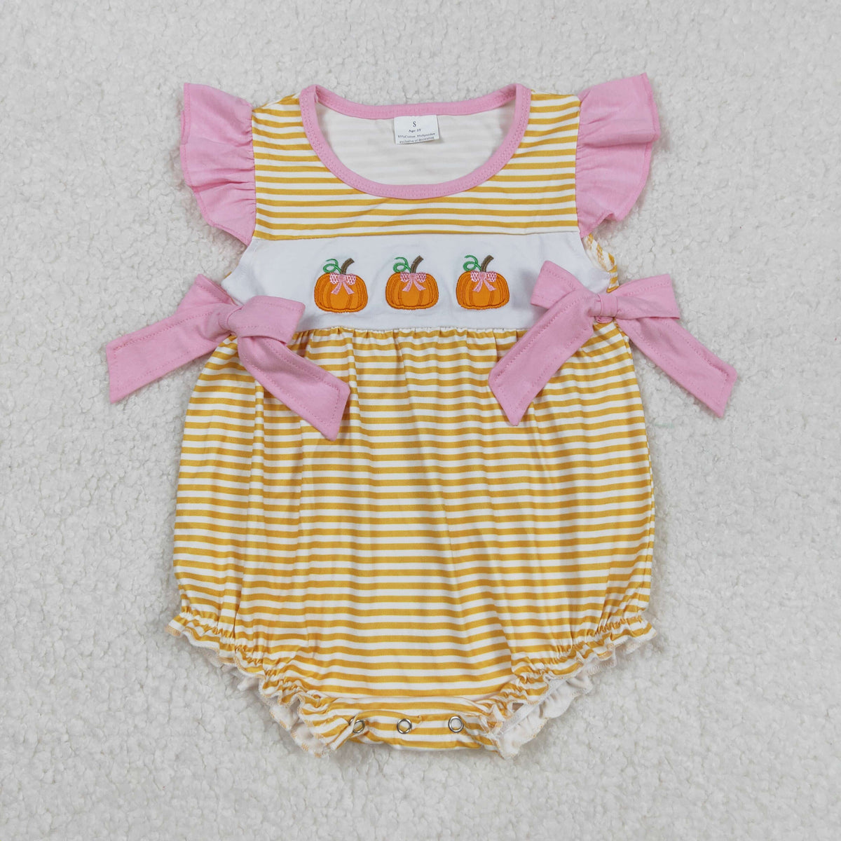 embroidery SR3125 pumpkin orange striped pink bows flutter sleeve girls romper