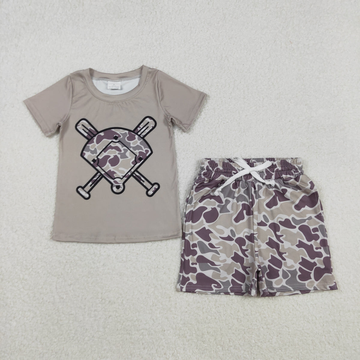 BSSO1585 hunting baseball camo short sleeve camo shorts boys set(BT1417+SS0733)