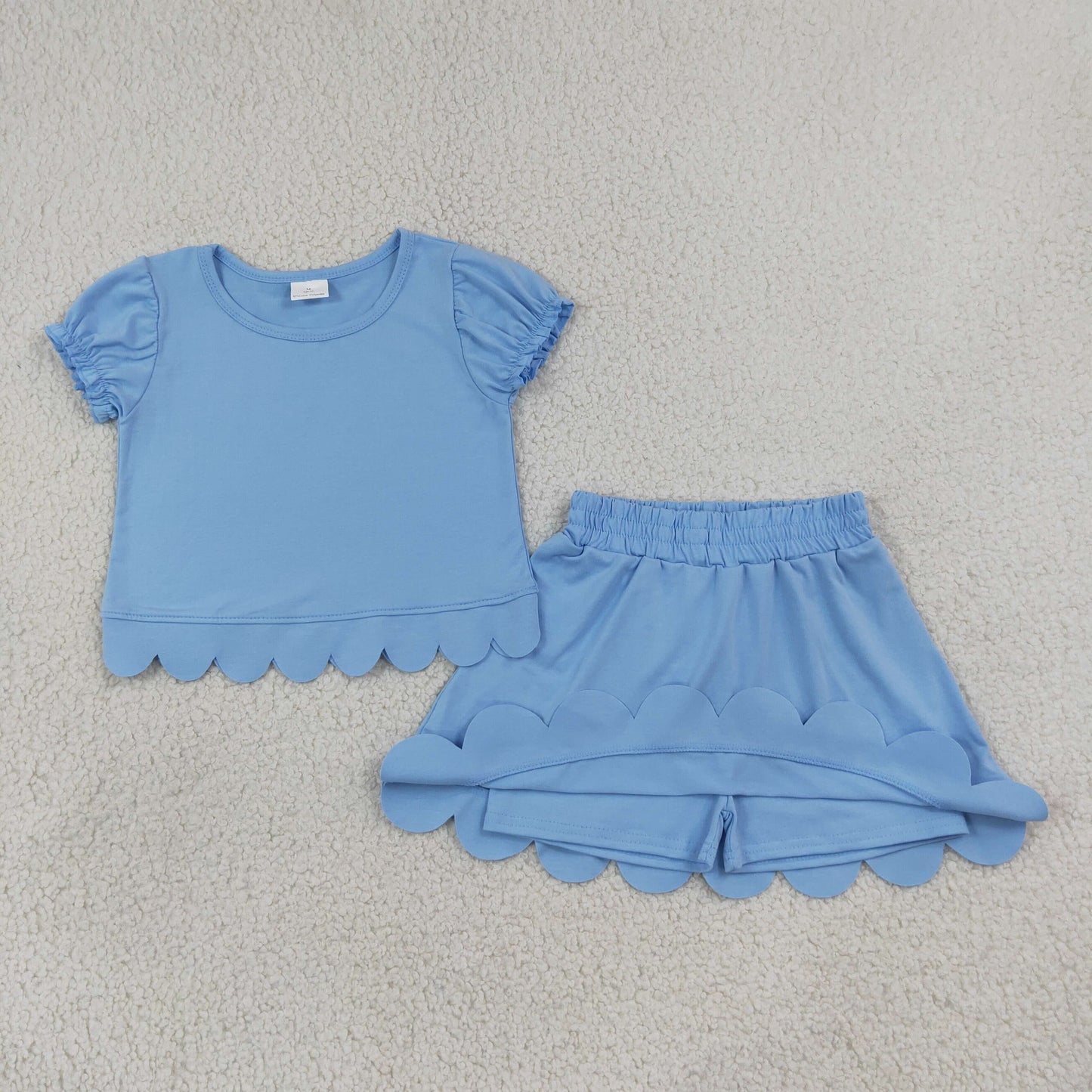 GSD3933 Scallop Solid Color Blue Scallop Short Sleeve Skorts Girls Set
