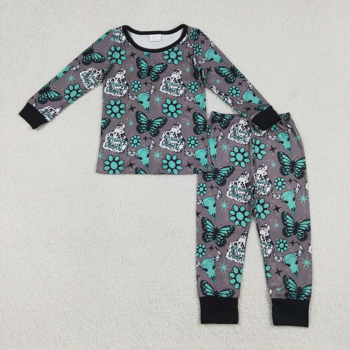 GLP3254 Western Cow Butterfly Turquoise Long Sleeve Pants Girls Pajamas