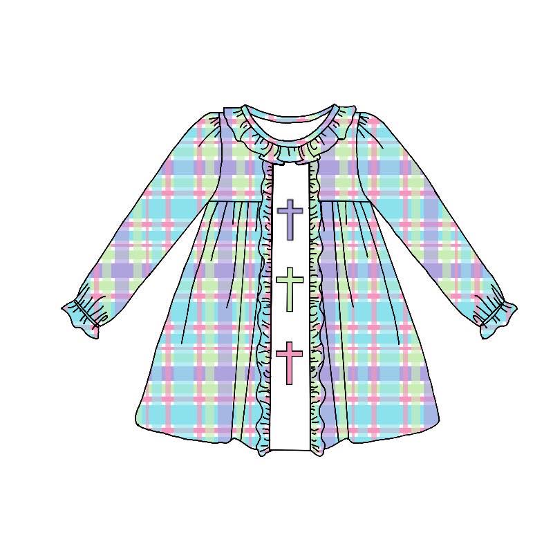 Custom Easter Cross Colorful Checkered Long Sleeve Girls Dress