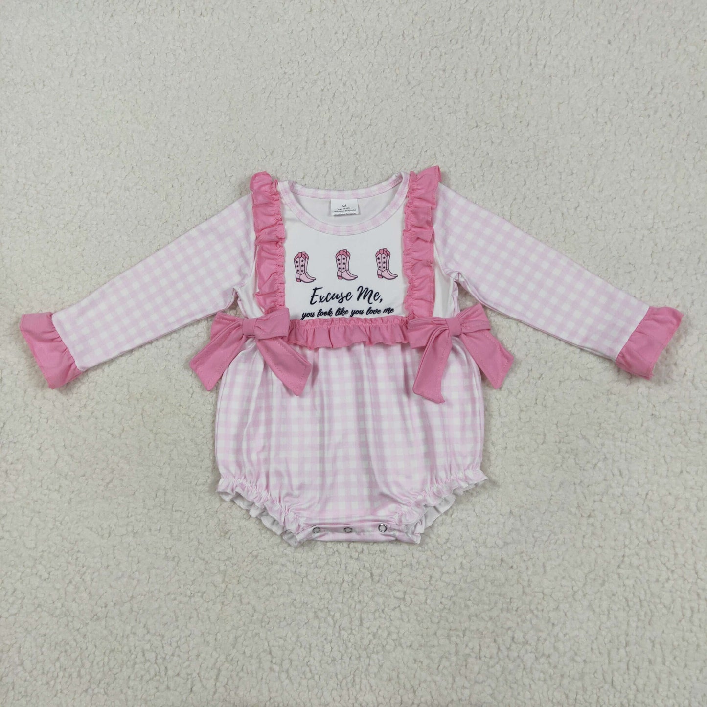 LR2190 excuse me boot Western pink checkered long sleeve girls romper