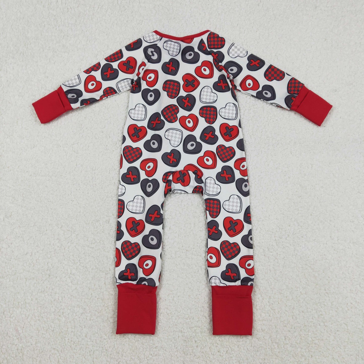 LR2882 Valentine's Day Black Red Heart Zipper Long Sleeve Girls Romper