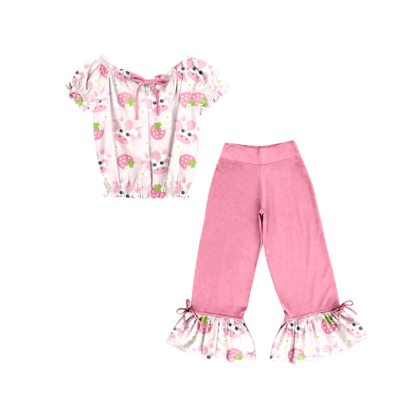Custom Strawberry cow short sleeve pink ruffles pants girls set moq 3