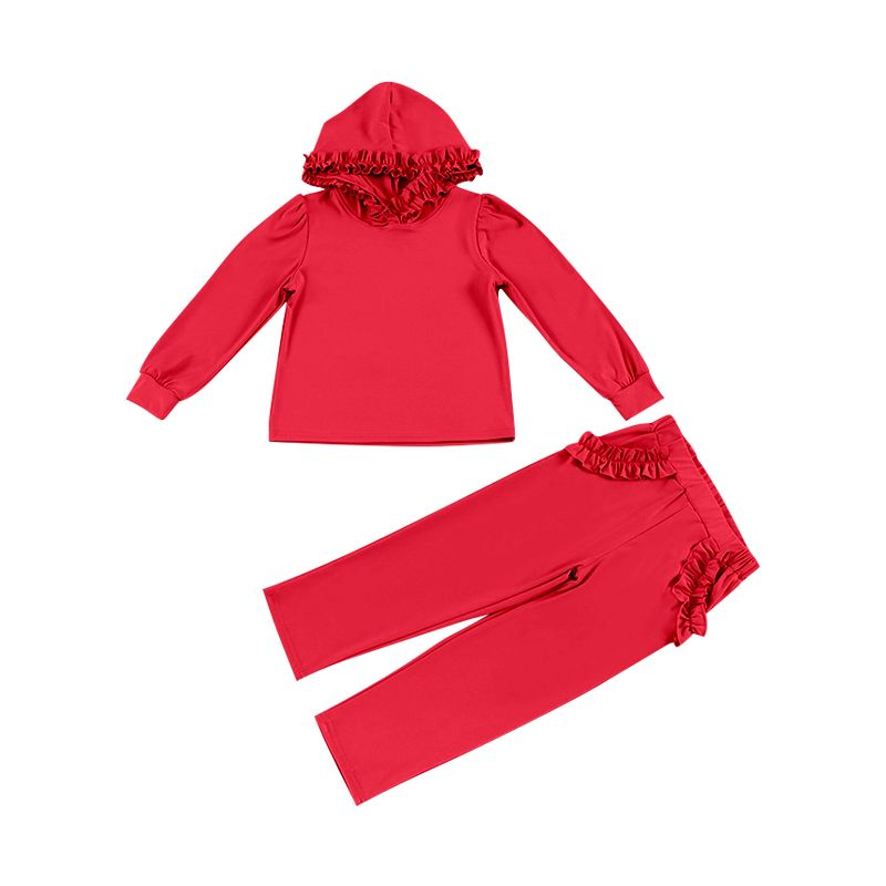 preorder GLP2306 Red Long Sleeve Ruffles Hoodie Pockets Pants Girls Set