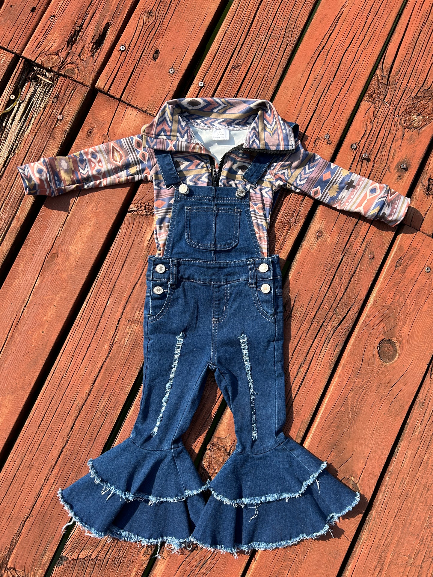 Western Aztec Zipper Pocket Pullover Blue Hole Overall Jeans Girls Set