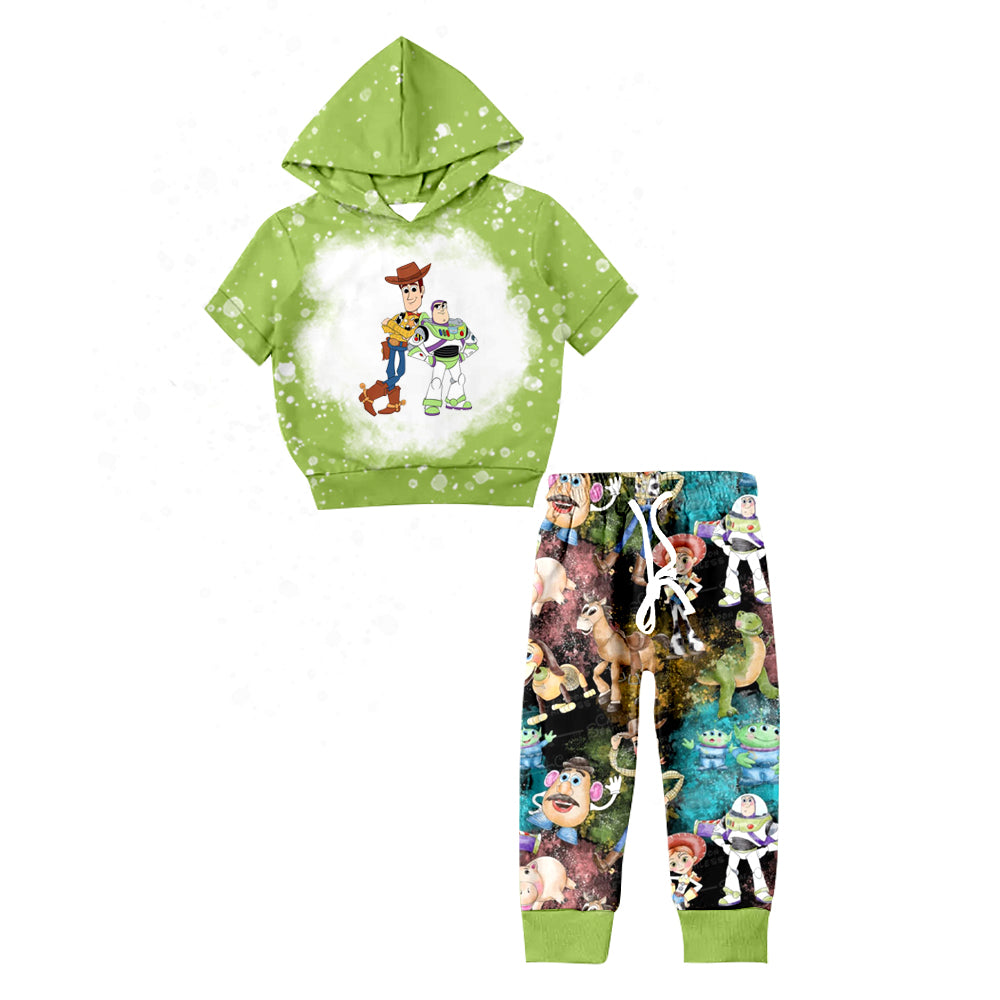 custom cartoon toy green short sleeve hoodie pants boys set