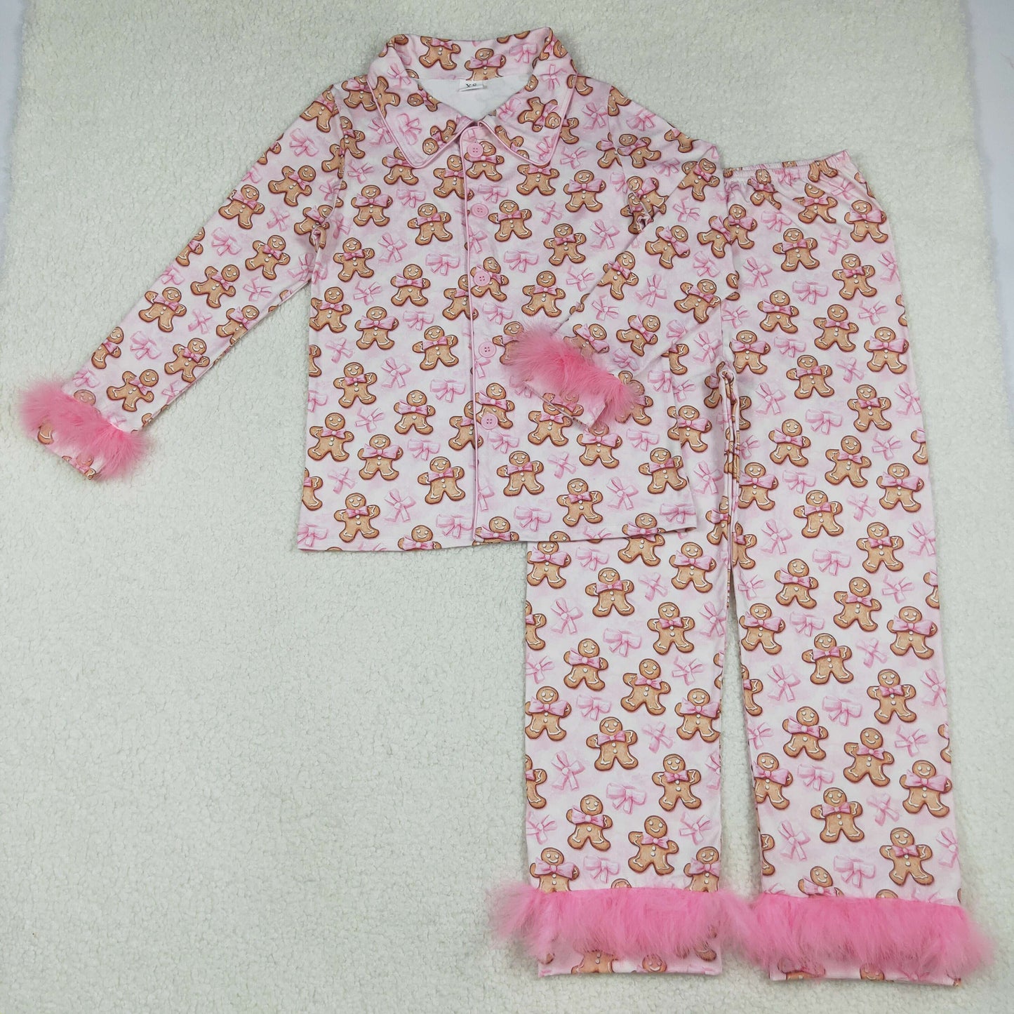 GLP2716 Christmas gingerbread man pink long sleeve pants fur women pajamas