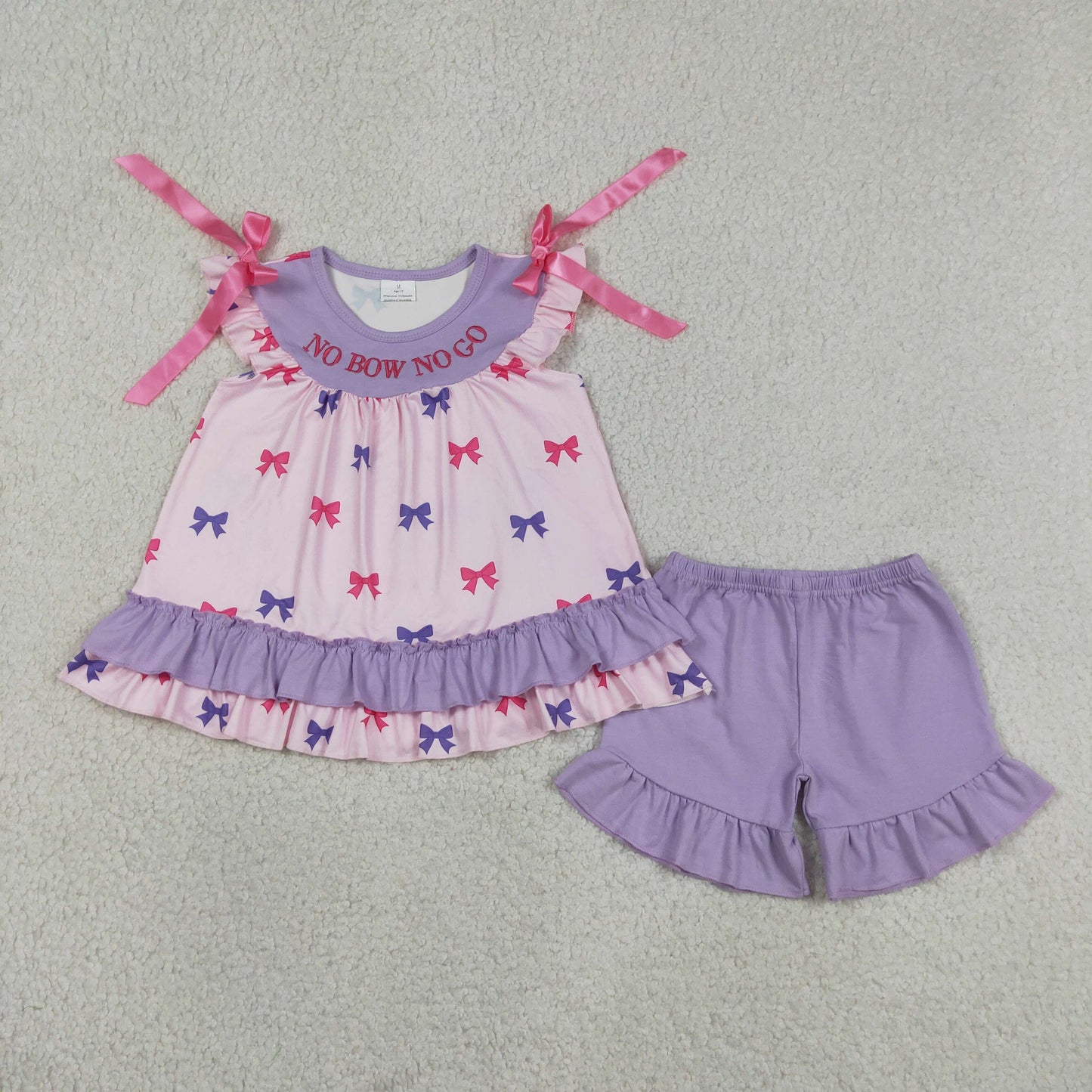 Embroidery GSSO3460 No Bow No Go Flutter Sleeve Purple Shorts Girls Set