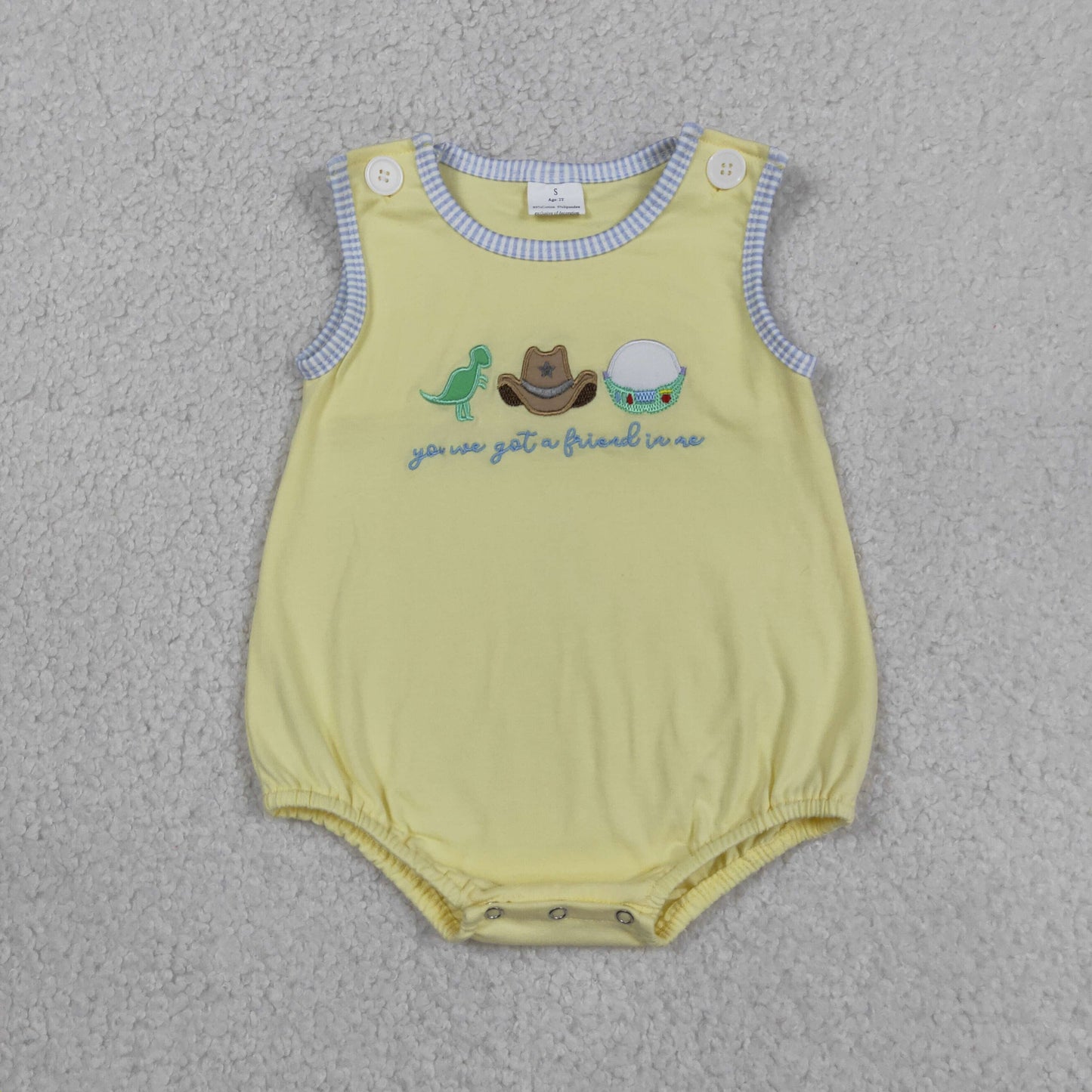 Embroidery SR4106 Cartoon Toy Friend Yellow Sleeveless Boys Romper